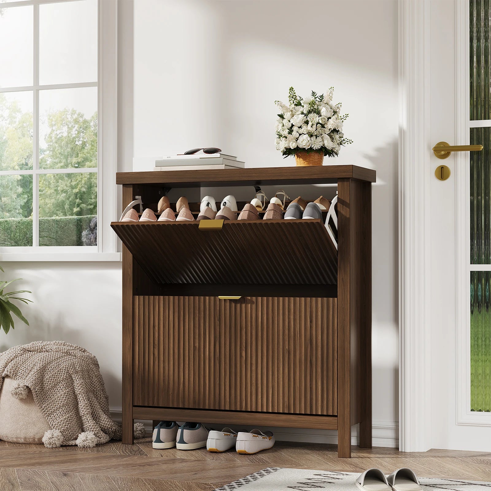Fluted Shoe Cabinet with 2 Flip Drawers Natural Oak Hide Everyday Shoes in a Slim 9.5-Inch  Fluted Style