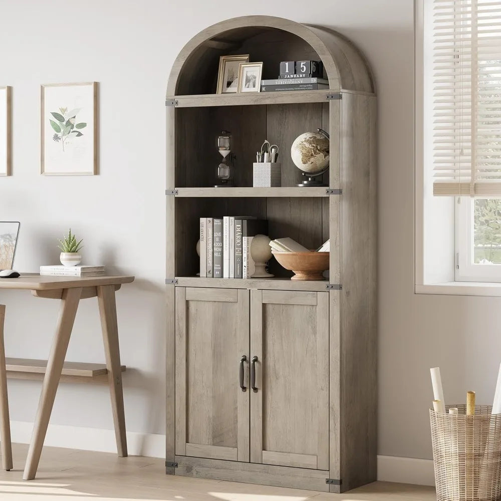 Tall Wooden Bookcase with Doors Arched Bookshelf 71.65in  Farmhouse Cabinet