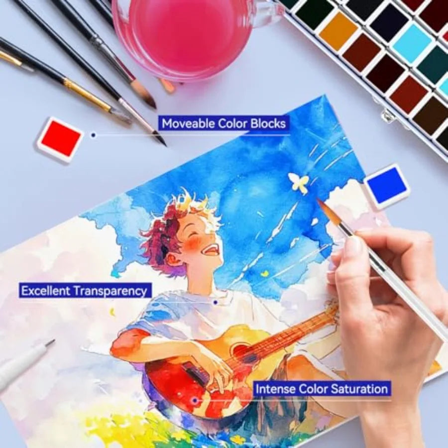 52 Vibrant Colors Watercolor Paint Set for Adults Metallic Shades, Includes Brush, Pencil, Sponge