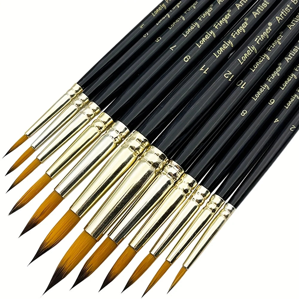 12pcs Premium Artist Synthetic Nylon Paint Brush Set  Round Pointed Tips for Acrylic, Watercolor, Oil & Gouache