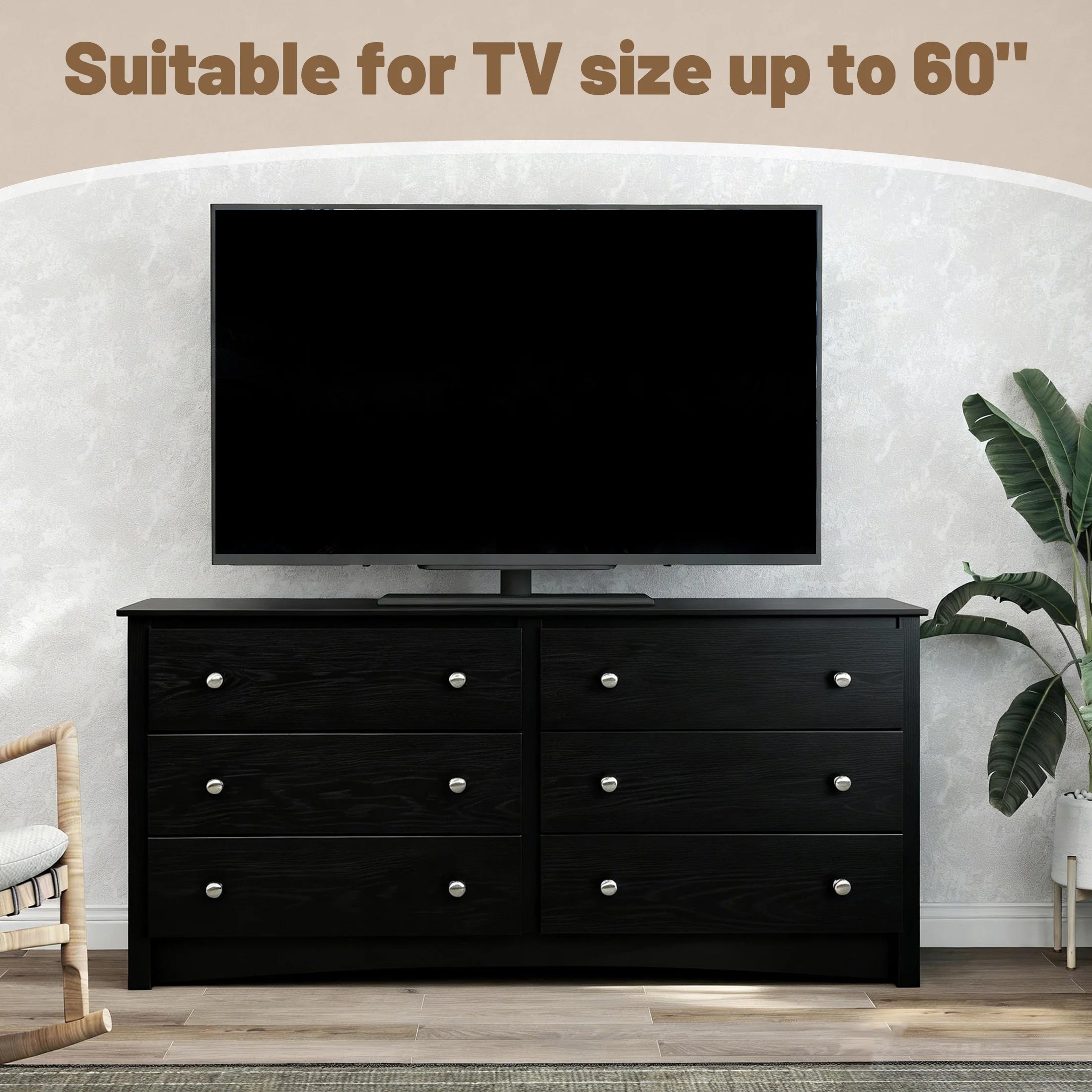59IN Wood 6 Dresser Drawers Cabinet for Living Room Stable Structure Storage Wide Chest of Drawers