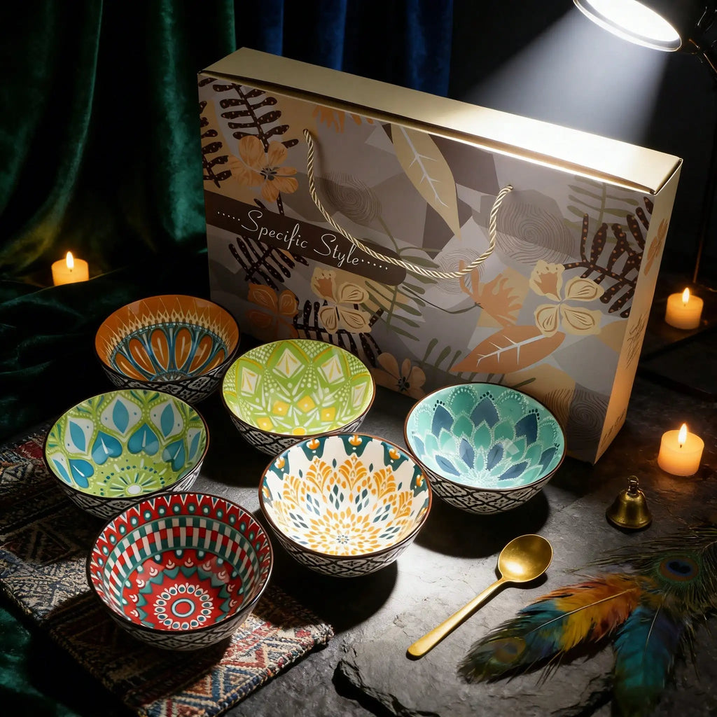Set Of 6 Ceramic Bowls 10 Oz, Bohemian Ceramic Bowl Set,