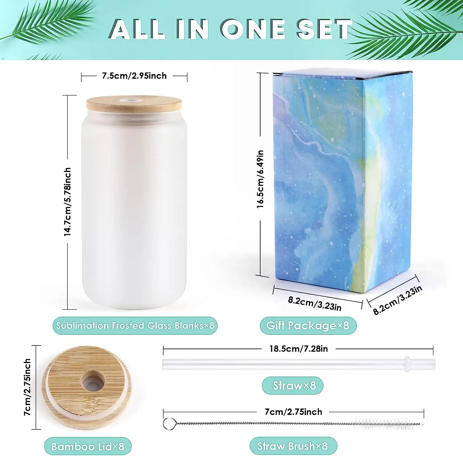 8 Pack 16OZ Frosted/Clear Glass Sublimation Tumblers with Bamboo Lid Sublimate Tumbler Blanks DIY