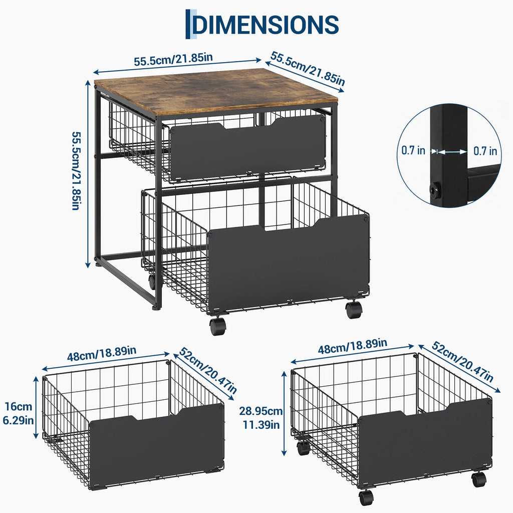 22x22IN Small Fridge Stand with Metal Storage Drawer Basket, Black | Table for Mini Fridge with Steel Frame and 4 Wheels, 300LBS Compact, Multi-Functional