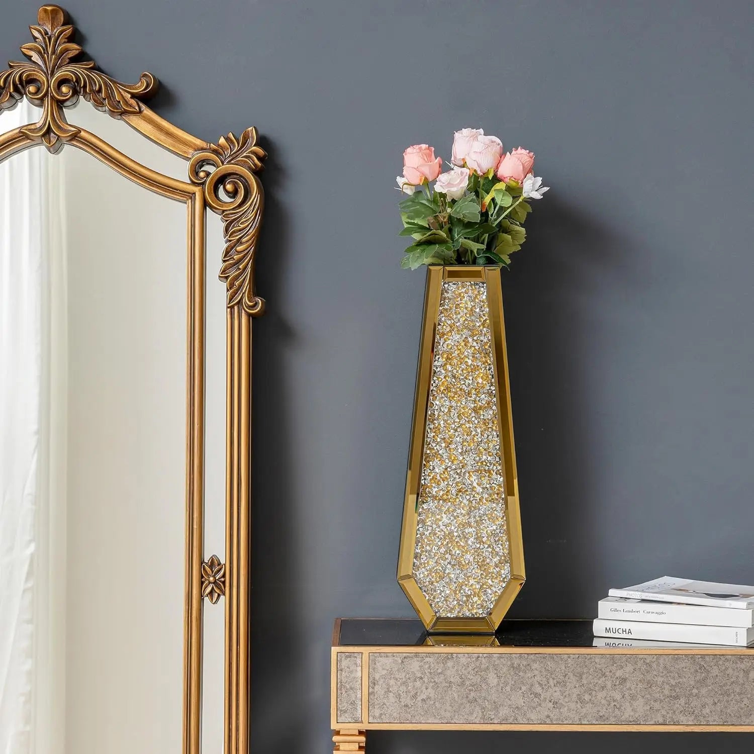24 Gold Floor Vase Crushed Diamond Tall Glass Vase for Floor Luxury Crystal Mirrored Decorative Flower Vase for Pampas Grass