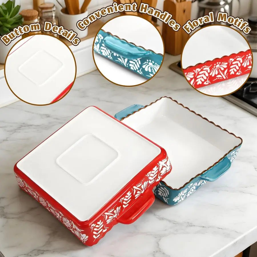 Pack Ceramic Baking Dish, 9 x 9 inch Porcelain Square ,Double Handle, Blue, Red