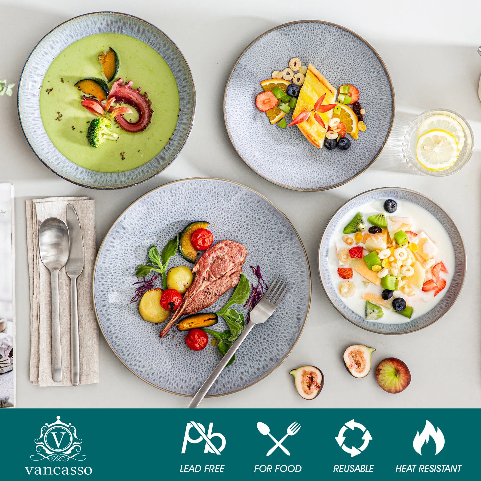 16/32/48 Piece Embossed Stoneware Tableware Set with Dinner/Dessert Plate/Soup Bowl/Mug Service for 4/8/12 Person