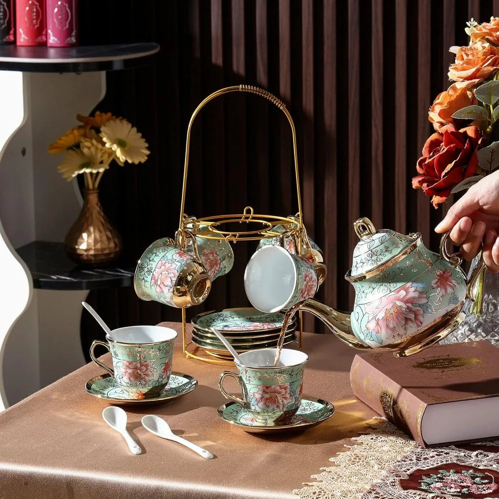 20 Pcs Porcelain Tea Set with Metal Holder and Spoon  European Flower Painting
