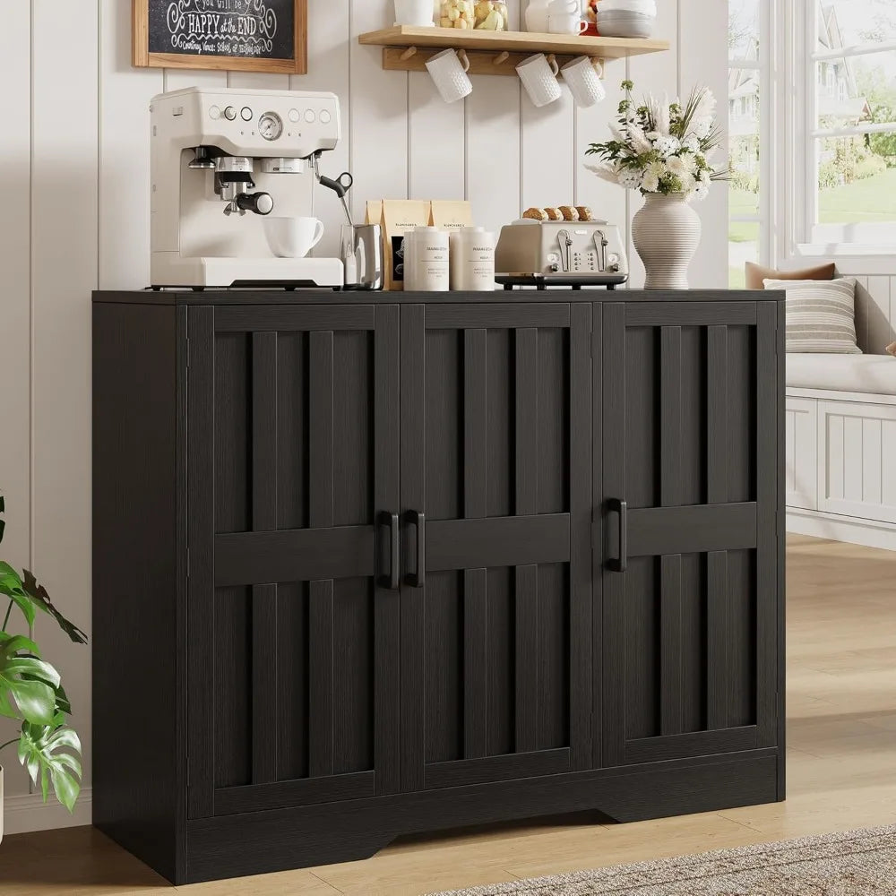 Modern Farmhouse Buffet Cabinet with Storage, 42" Large Sideboard  3 Barn Doors