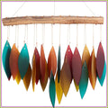 Handcrafted Sandblasted Glass Leaves Wind Chime | Southwestern Teal, Terracotta, Mustard, Burgundy | Driftwood Top