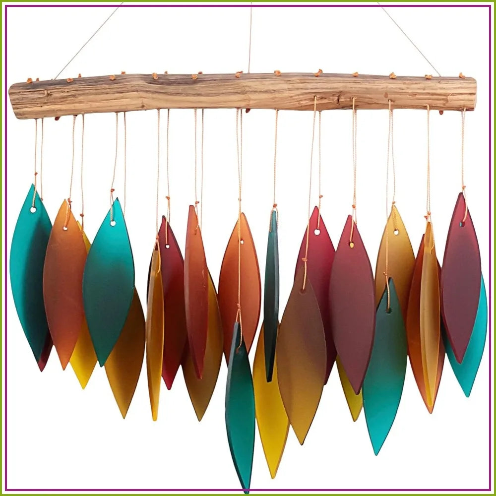 Handcrafted Sandblasted Glass Leaves Wind Chime | Southwestern Teal, Terracotta, Mustard, Burgundy | Driftwood Top