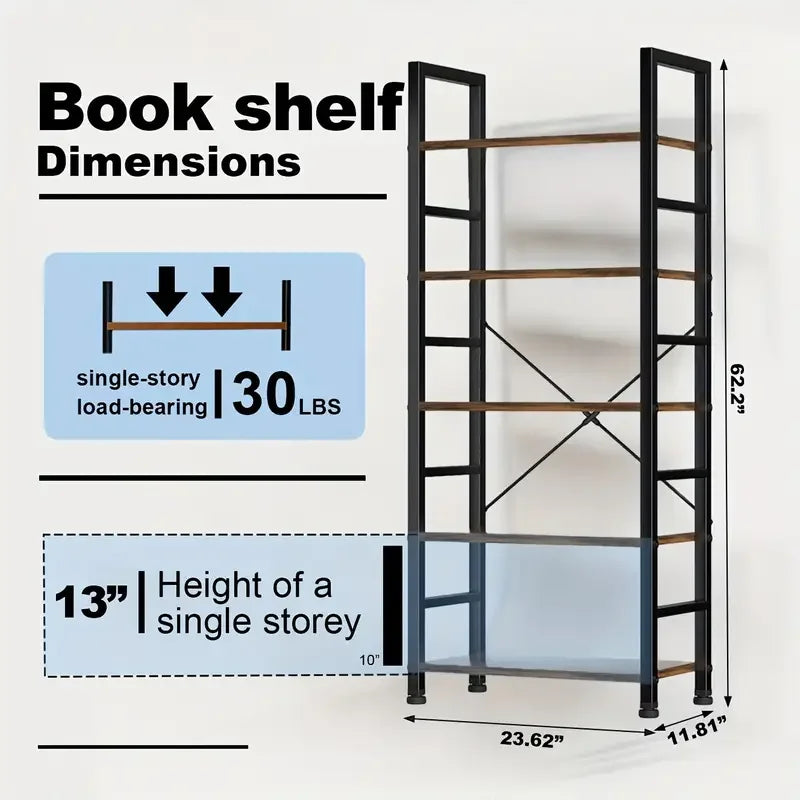 5 Tier Bookshelves,  Shelf Storage Organizer, Free Standing Vintage Style
