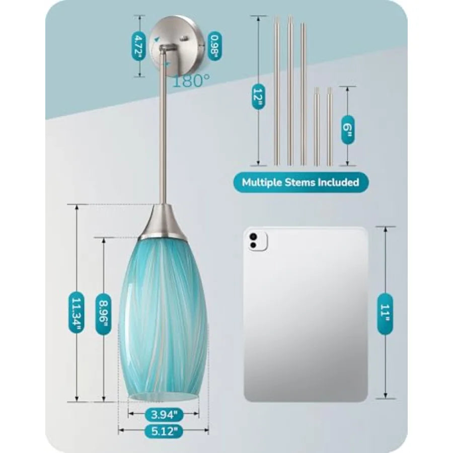 Pendant Lights Kitchen Island, Blue Handcrafted Art Glass, Blown Glass Pendant with 5.12" Dia x 11.40" H Shade,,Adjustable Brus