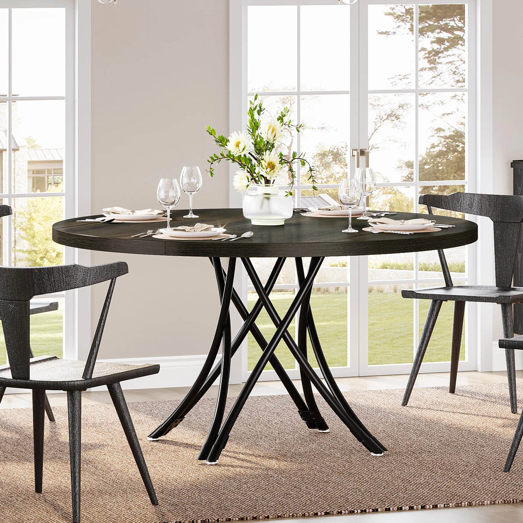Round Dining Table, 47-Inch Wood Large Farmhouse and Modern Kitchen Table for 4-6 People with Gray Frame
