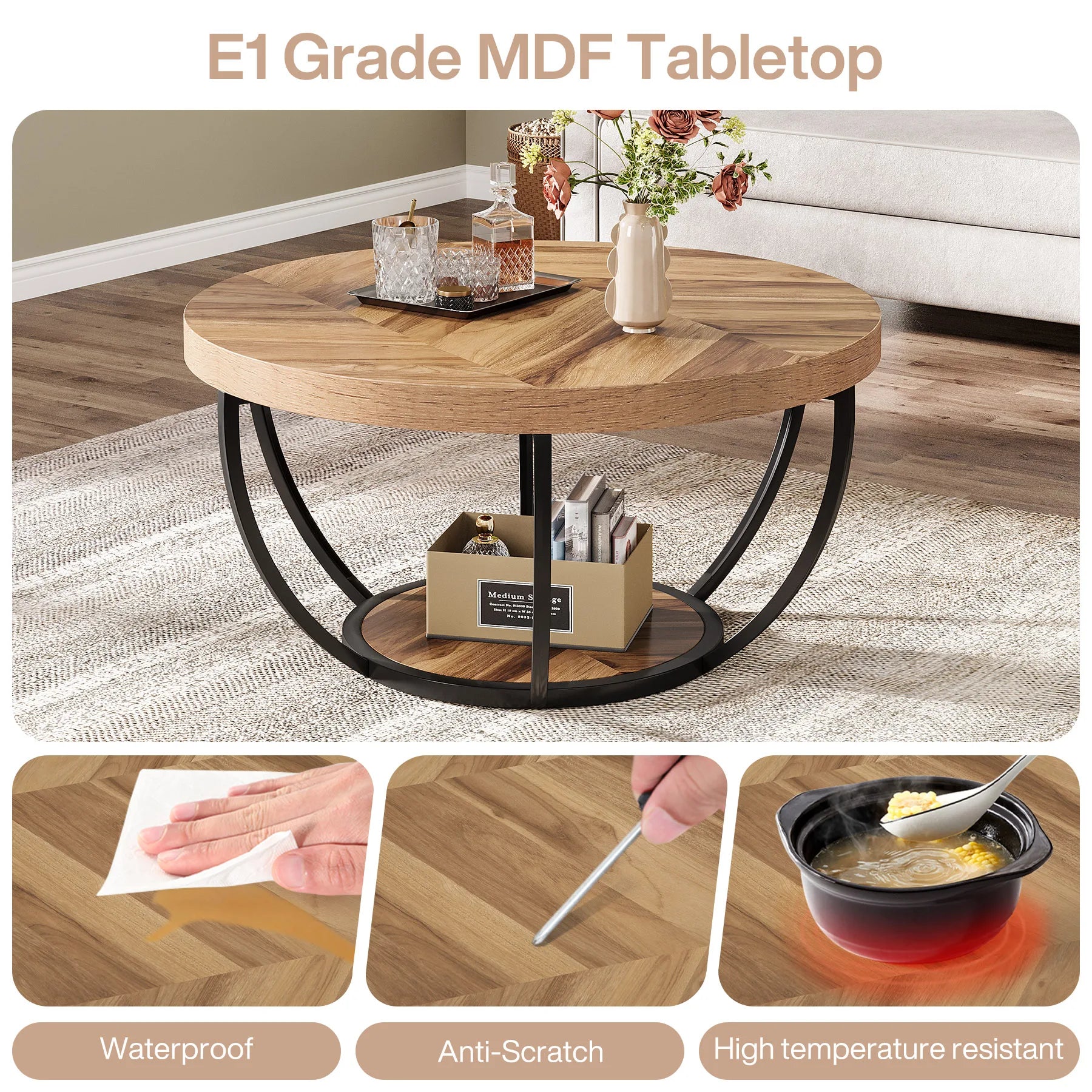 31.7" Round Table, Industrial 2-Tier Circle with Storage Shelves, Modern Wooden Accent Center Tab
