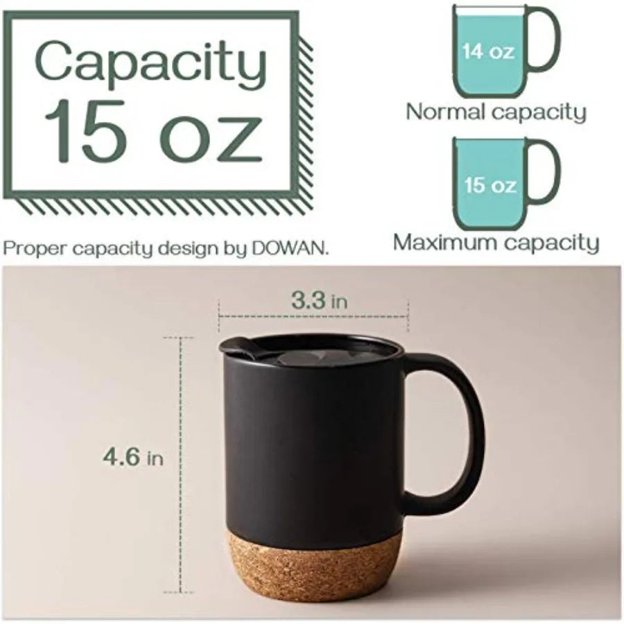 Coffee Mugs, 15 oz Mug Set of 2, Large Ceramic Coffee Mug with Cork Bottom and Spill Proof Lid