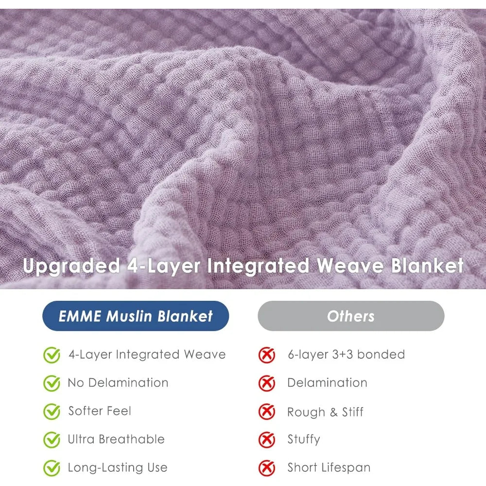 Cotton Muslin Blanket King Size - Soft, Breathable Layering Blanket, 108'x90', All Season Gauze, Lavender