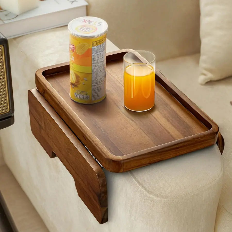 Sofa Armrest Double Hinge Clip On Table Tray Acacia Wood  9.5"D x 13.75"W x 5.5"H