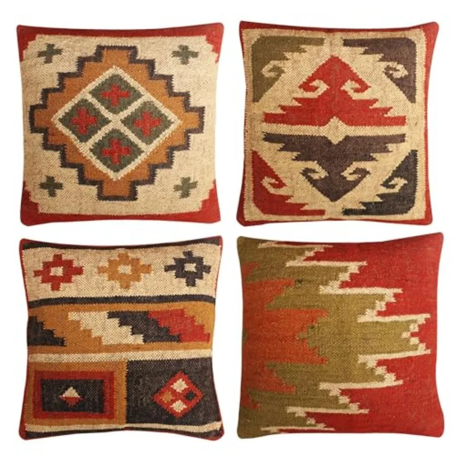 Set of 4 Turkish Handwoven Wool Jute Vintage Kilim Cushion Covers