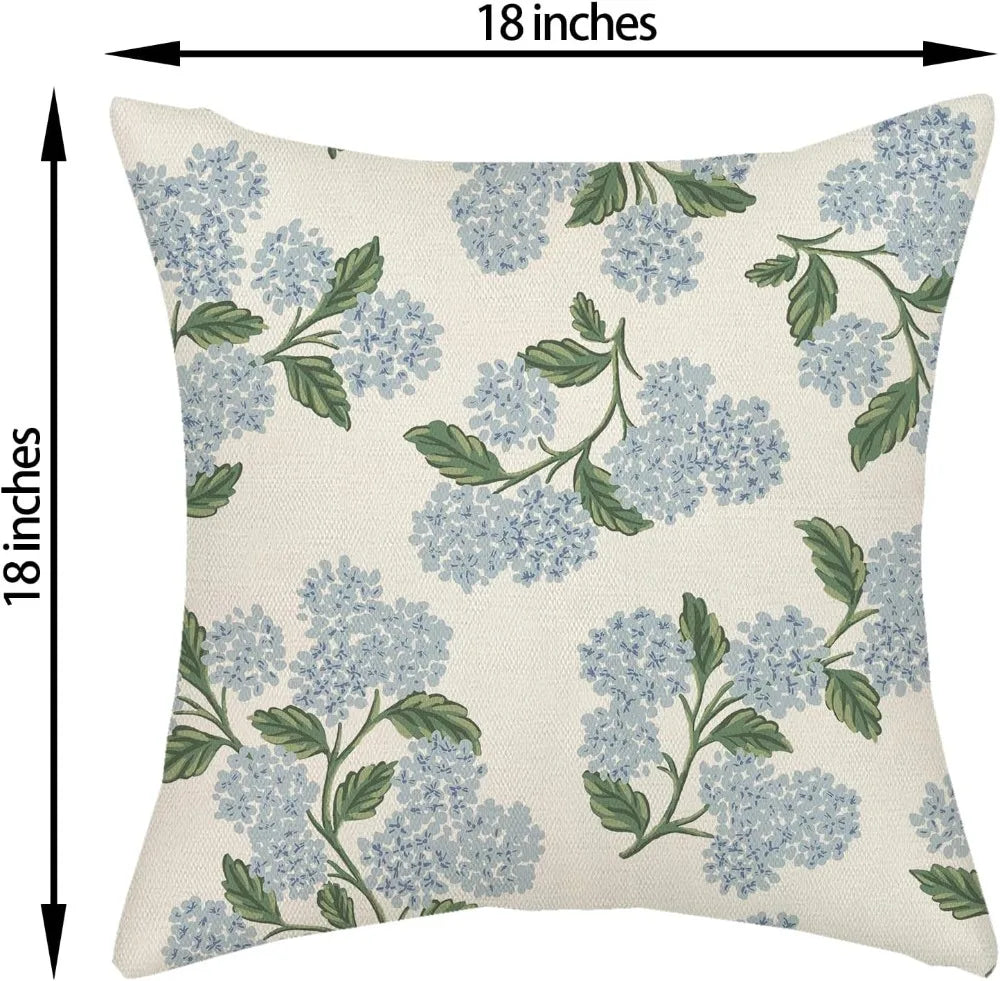 2 pk 18x18 Hydrangea Floral Pillow Covers Blue Green Linen