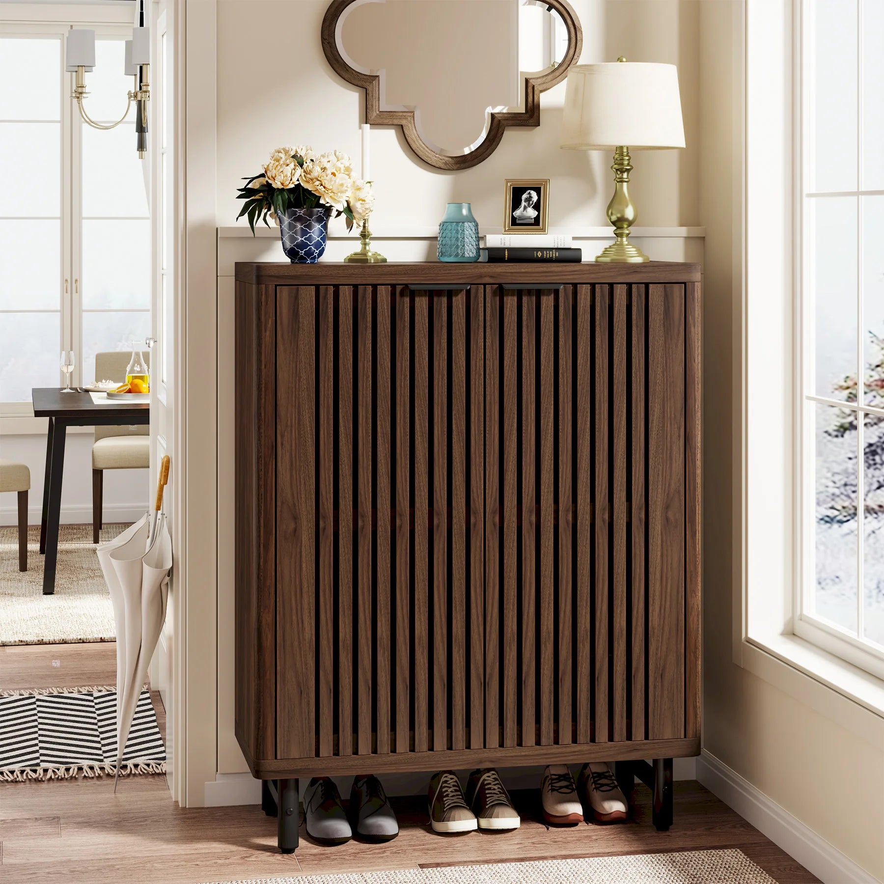 6-Tier Shoe Cabinet with Louvered Doors, Large Wooden Shoe Storage Cabinet with Adjustable Shelves