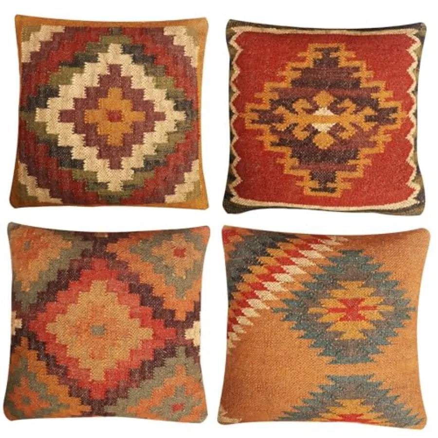 Set of 4 Turkish Handwoven Wool Jute Vintage Kilim Cushion Covers