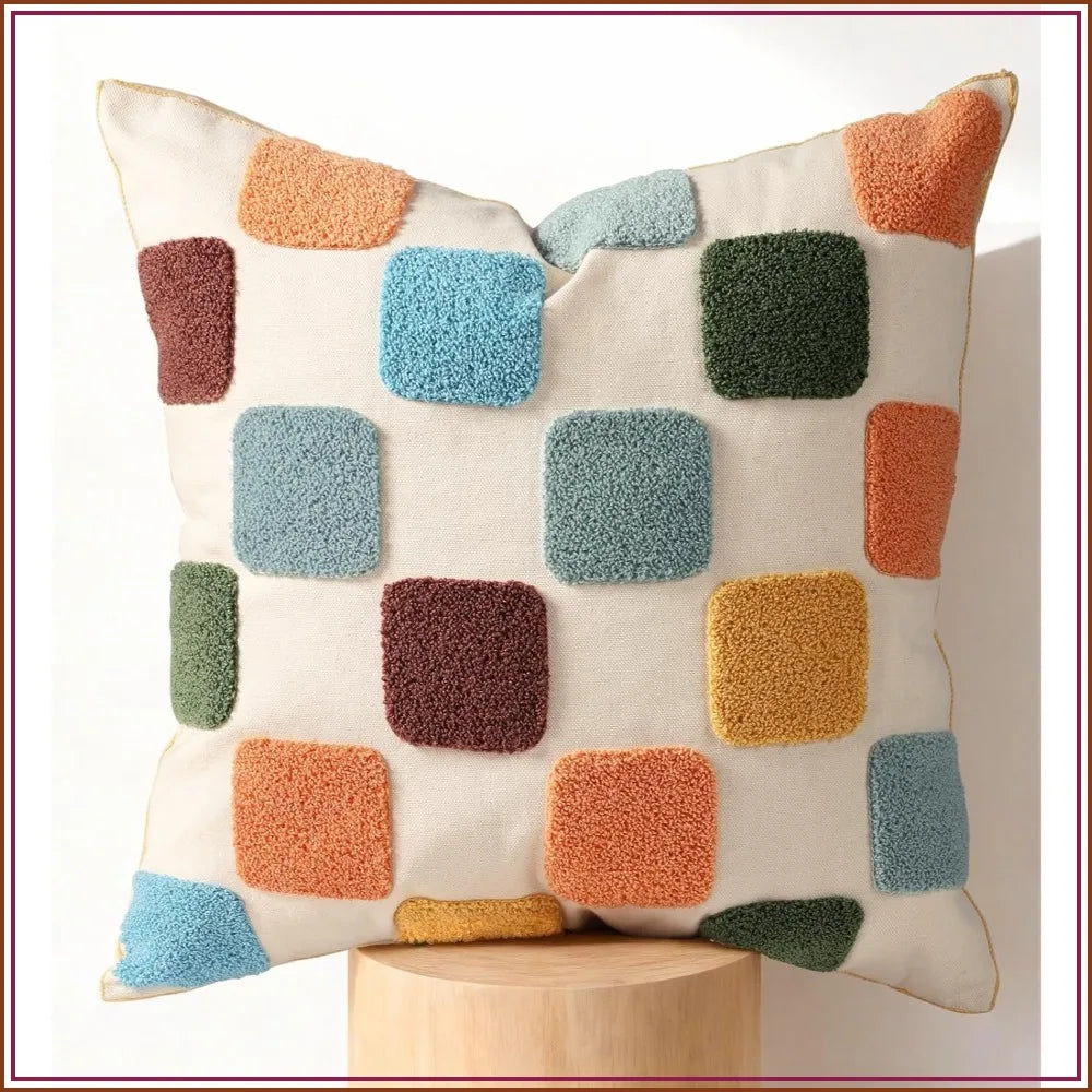 18x18 Embroidered Throw Pillow Cover - Modern Geometric, Colorful Checkered, Canvas with Zipper
