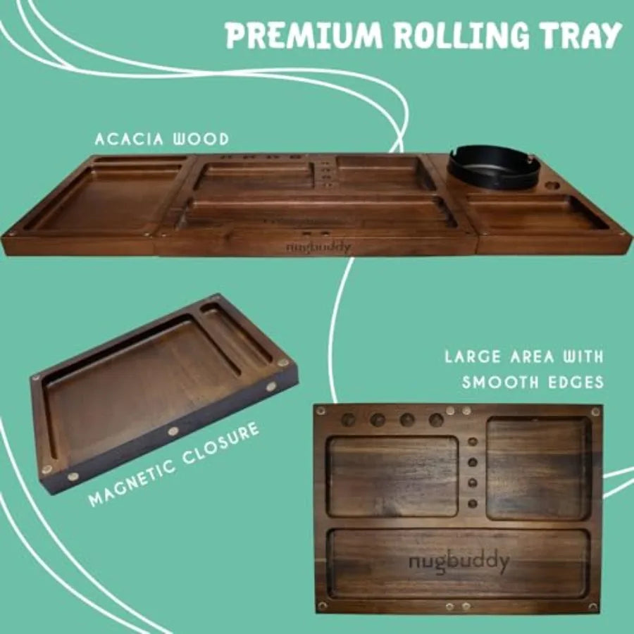 Wooden Rolling Tray 3 in 1 Folding Design Set w Magnetic Lid Big and Small Trays + Removable Metal Tray Portable