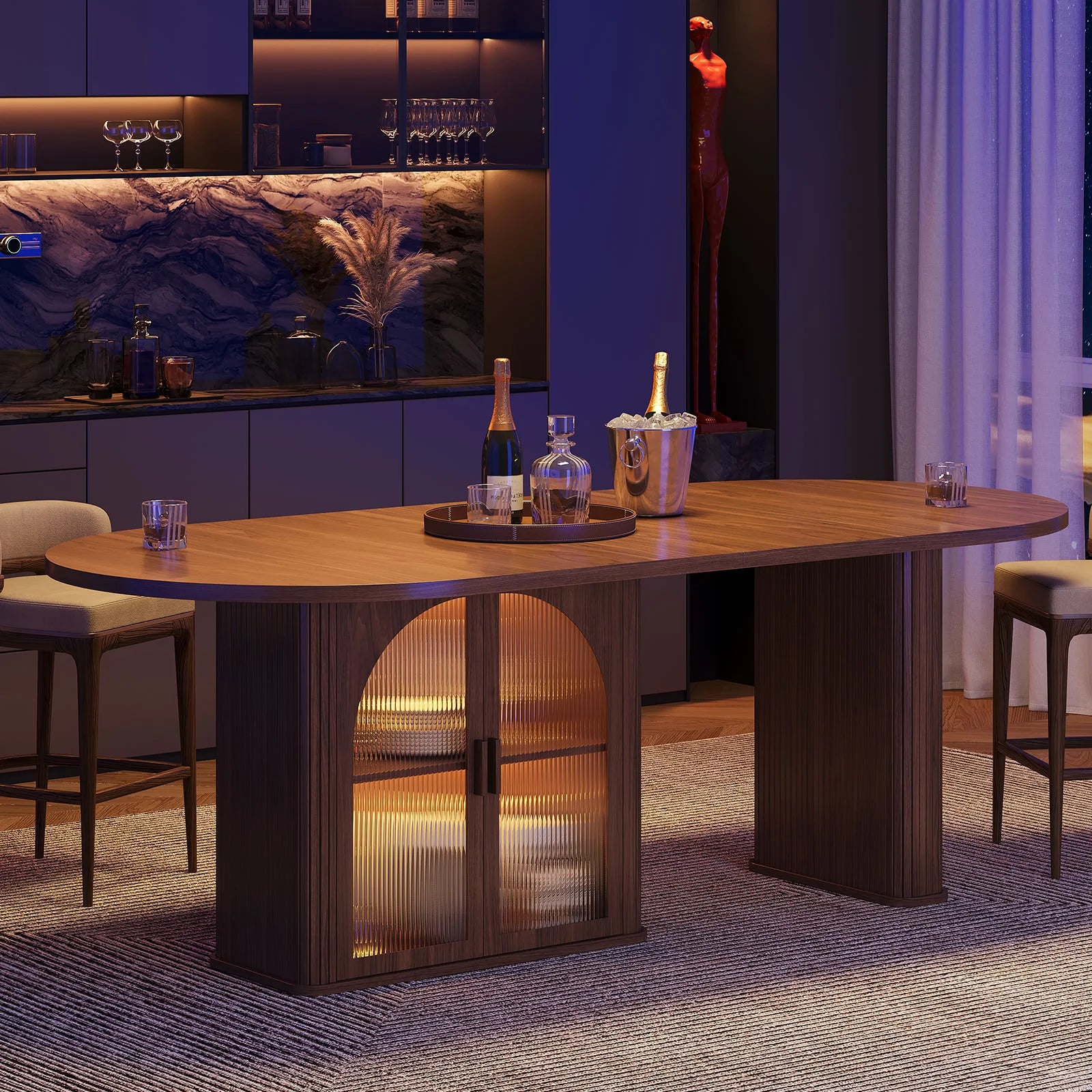 Walnut 70 Inch Oval Dining Table for 6-8 People,  with 2-Tier Storage Space, Wood Center LED Light, Dinner Table with Heavy Duty Legs