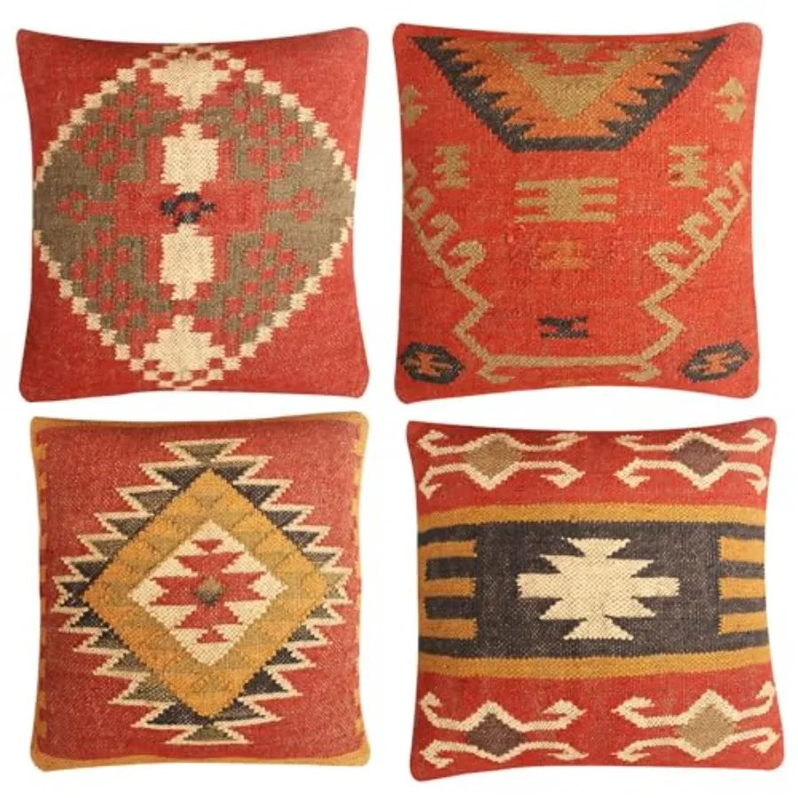 Set of 4 Turkish Handwoven Wool Jute Vintage Kilim Cushion Covers