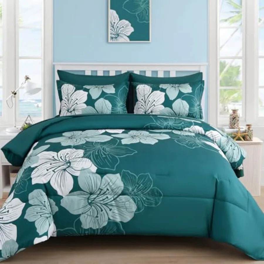 Floral Comforter Set Size, 7 Pieces Bed in a Bag Floral Comforter and Sheet Set, Soft Microfiber