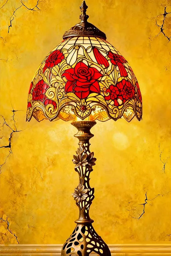 Elegant Vintage Floral Glass Table Lamp Metal Sign Warm Beige