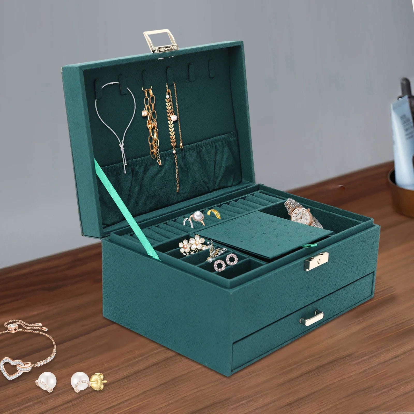 3 Layers Large Jewelry Storage Case with Removable Tray, Lockable with Mirror