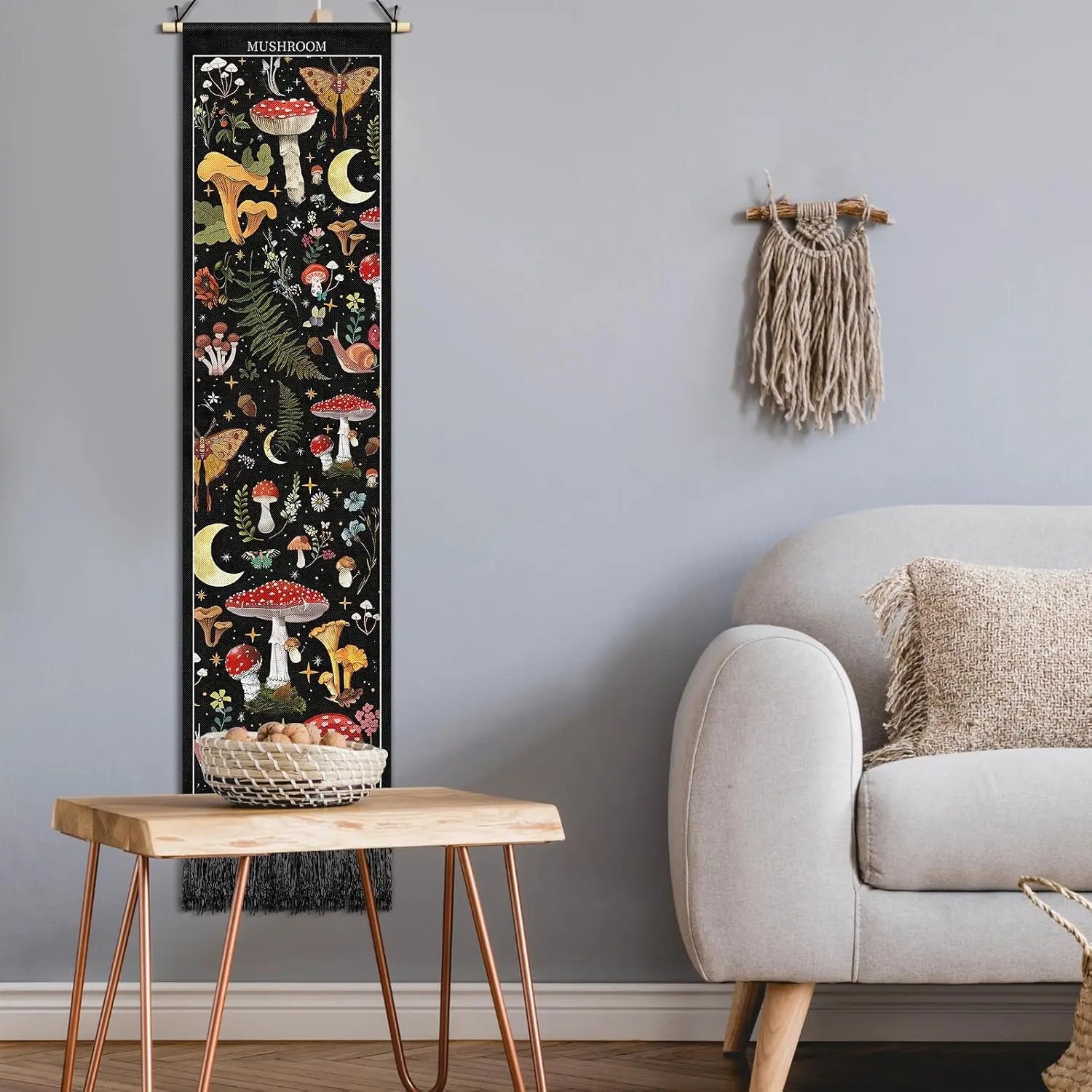 Vintage Tapestry 52x13 Inch Long Vertical Wall Hanging with Botanical Mushroom Tassel