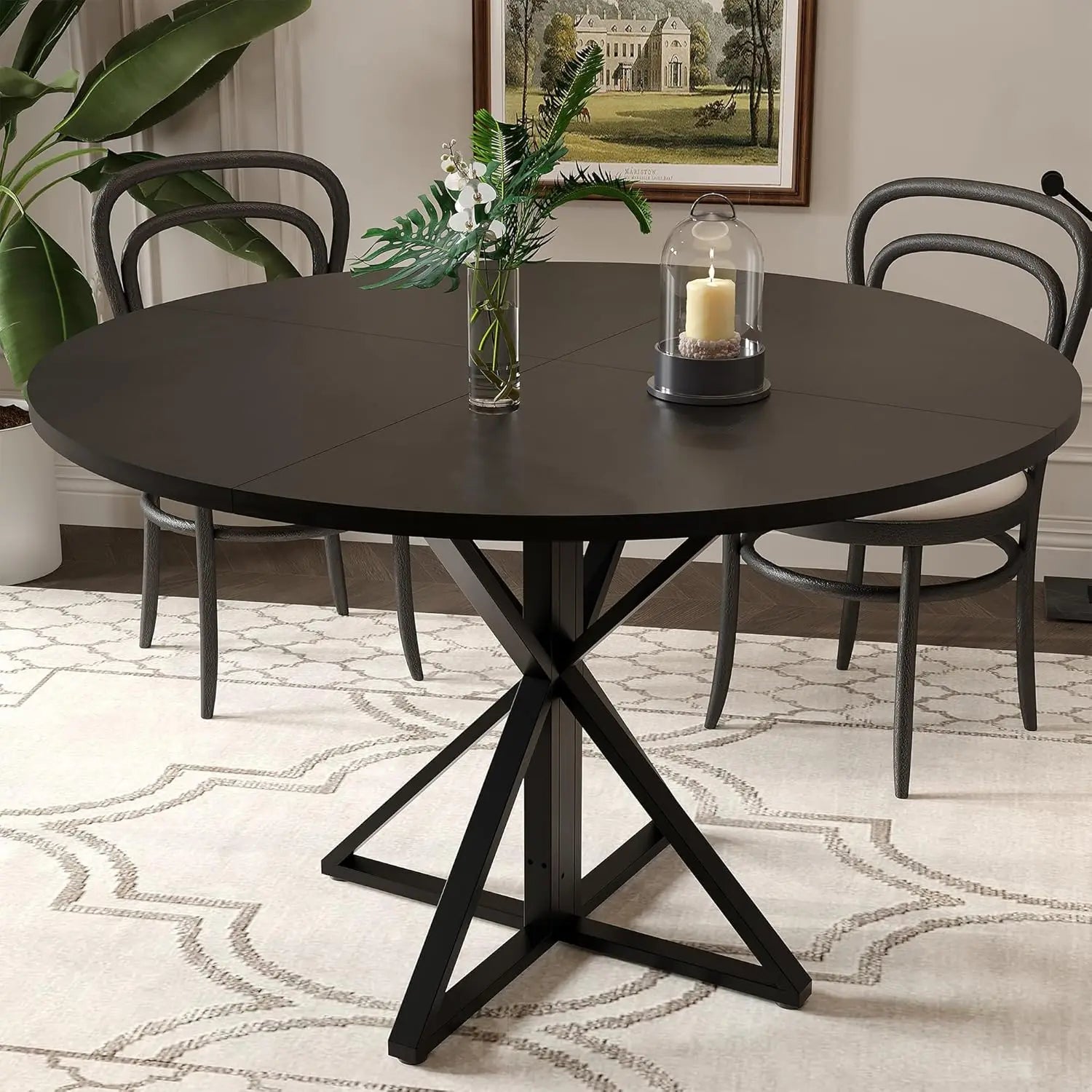 47" Round Dining Table for 4, Wood Top & Heavy-Duty Metal Pedestal