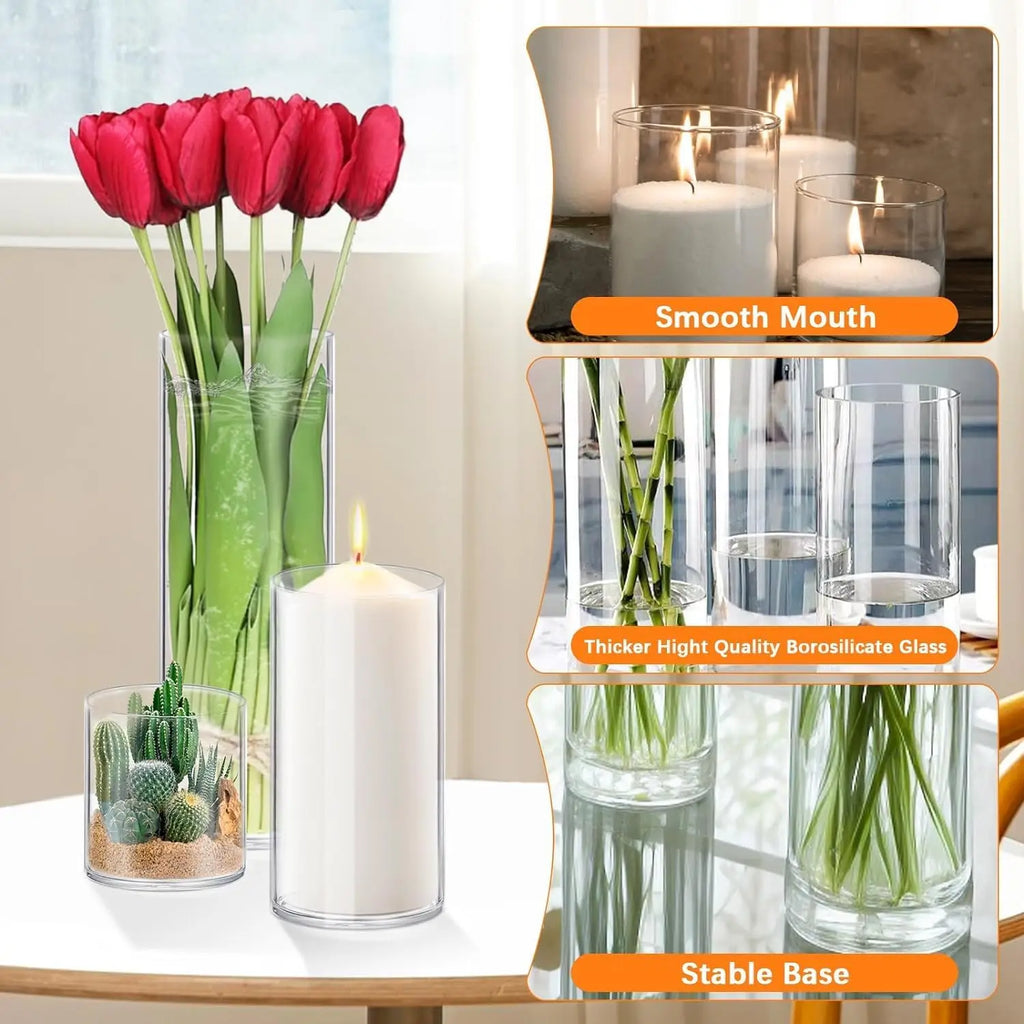 48 Pack Thick Glass Cylinder Vases 4,6,9,12 Inch Tall Clear Flower Vase Hurricane Floating Candle Holder