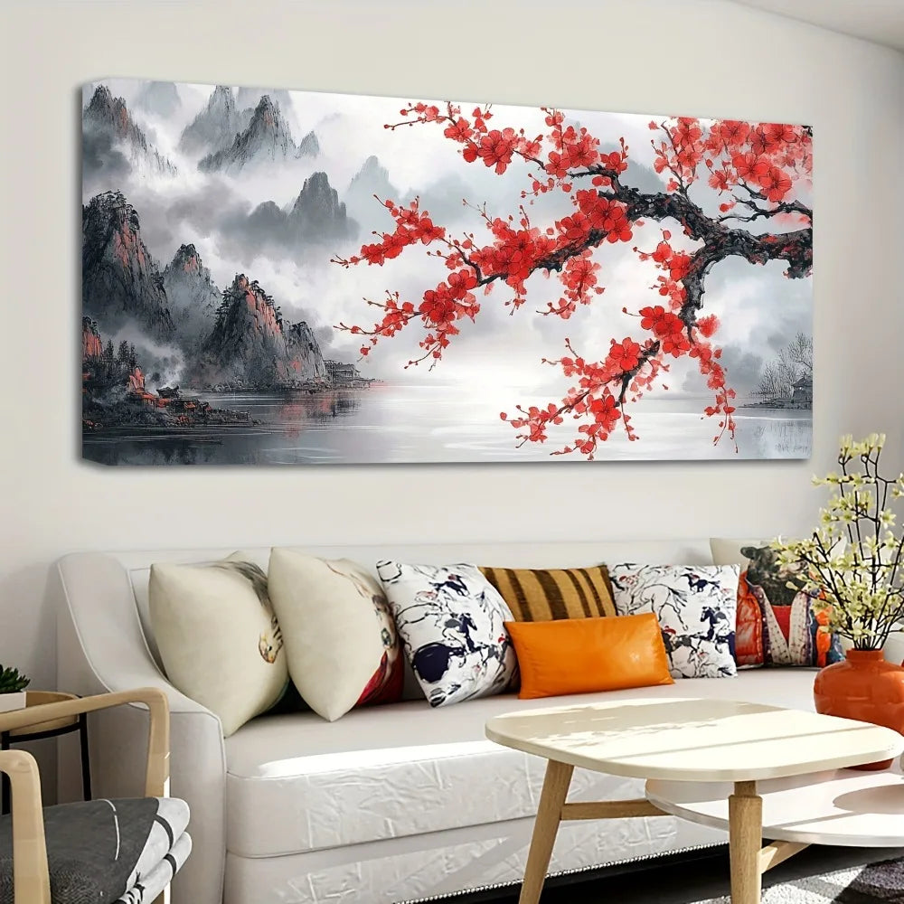 1.5 inch thick pine solid wood frame, Chinese "pink plum" landscape mural,