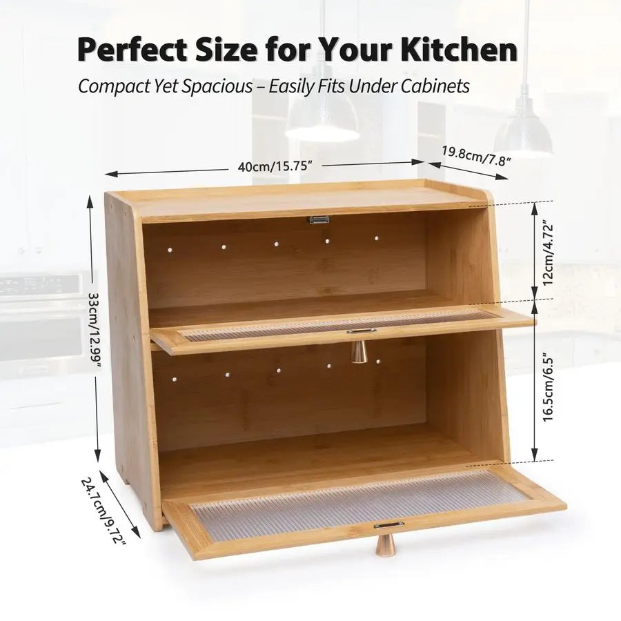 Bamboo Bread Box 2 Tiered Large Capacity