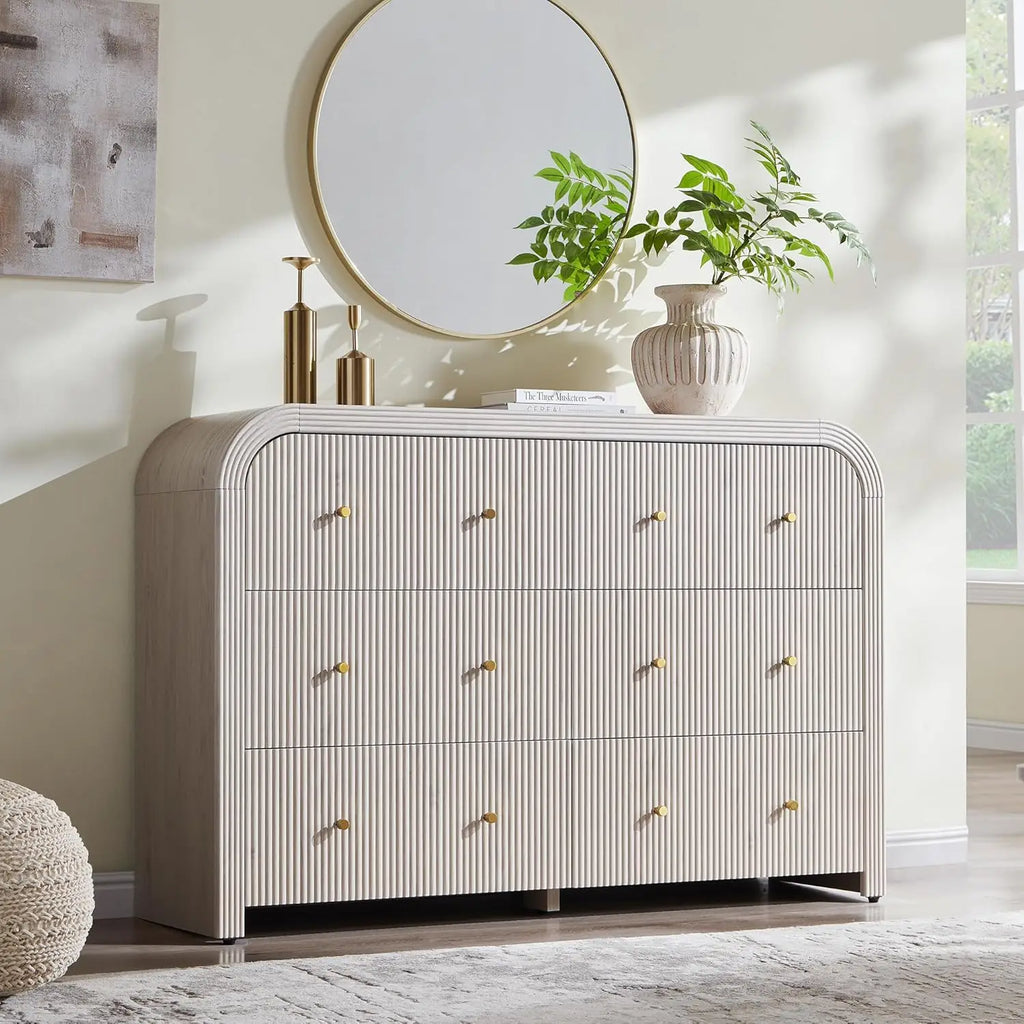 Fluted Wood, Wide, Curved 6 Drawer Dresser Bedroom 54in TV Stand Living Room Hallway Oak