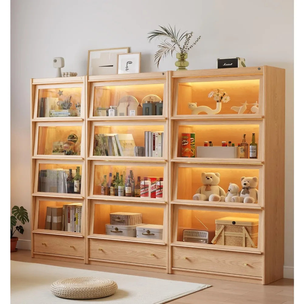 73" H Tall Solid Wood Bookcase with Flip-Up Tempered Glass Doors and 3 Color Led Lights,4 -Tier