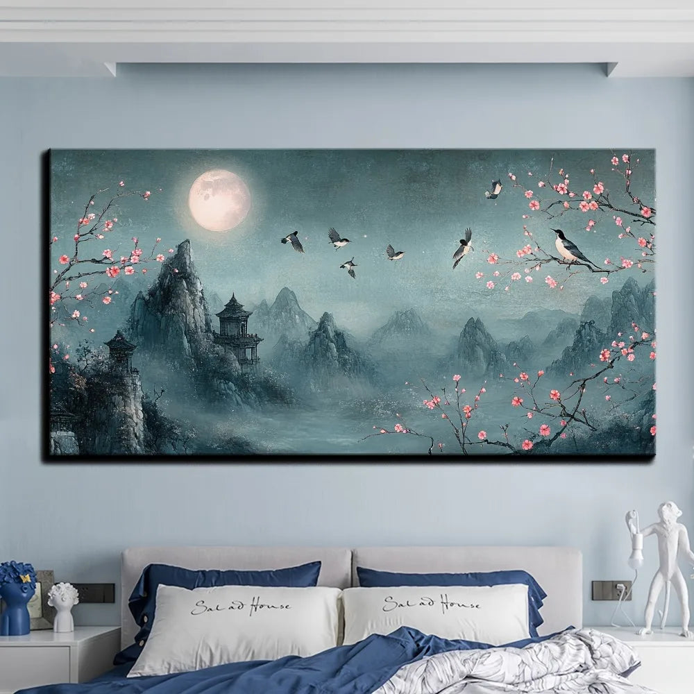 Chinese traditional flower full moon mural, canvas poster i1.5 inch thick pine solid wood frame