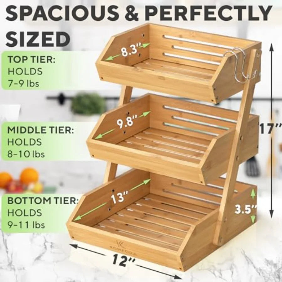 Bamboo Basket 3-Tier  w/ 2 Hangers - Durable and Easy to Assemble