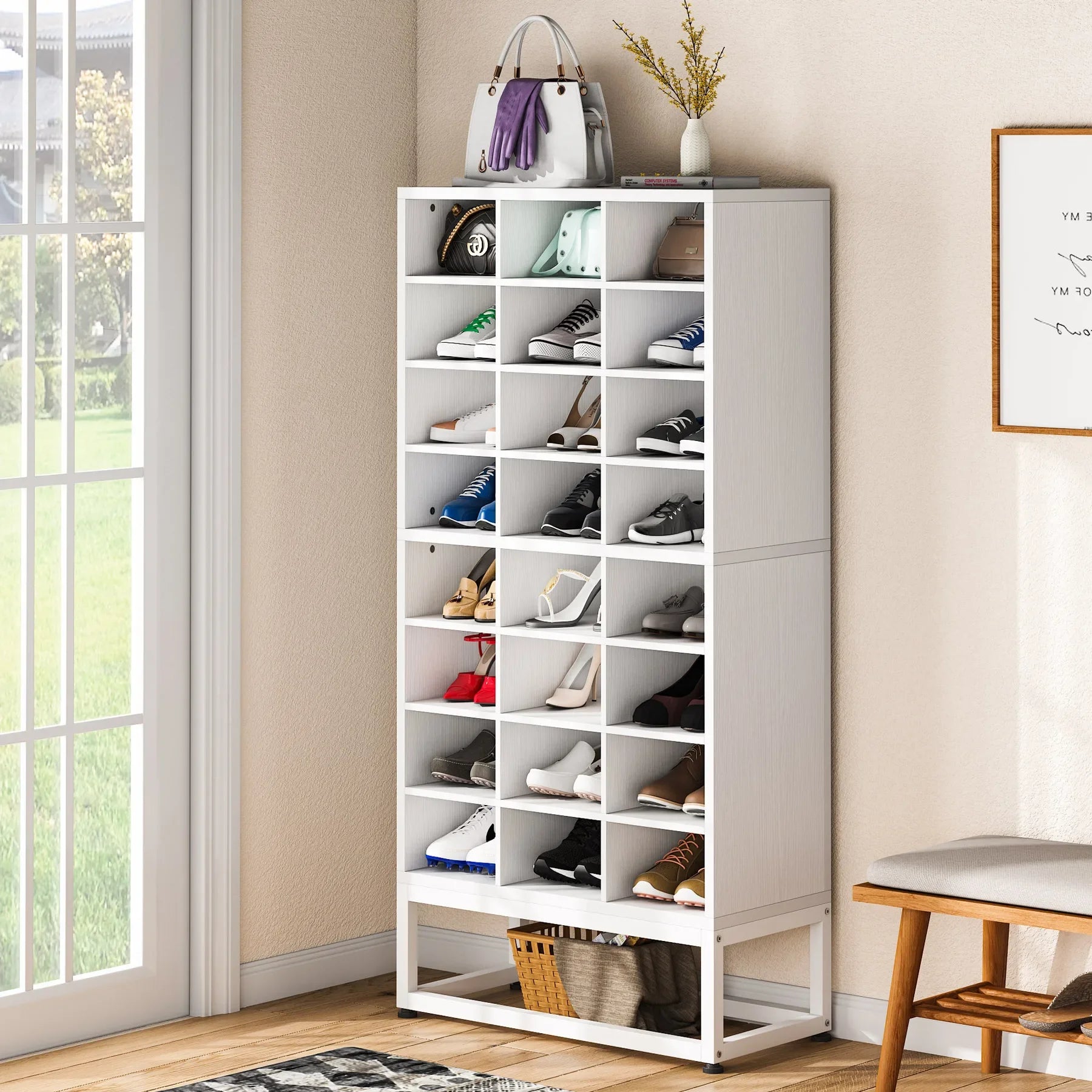 Wooden Shoe Cabinet 8-Tier Display Shelf Rack Stand White Wood Cube Shelf