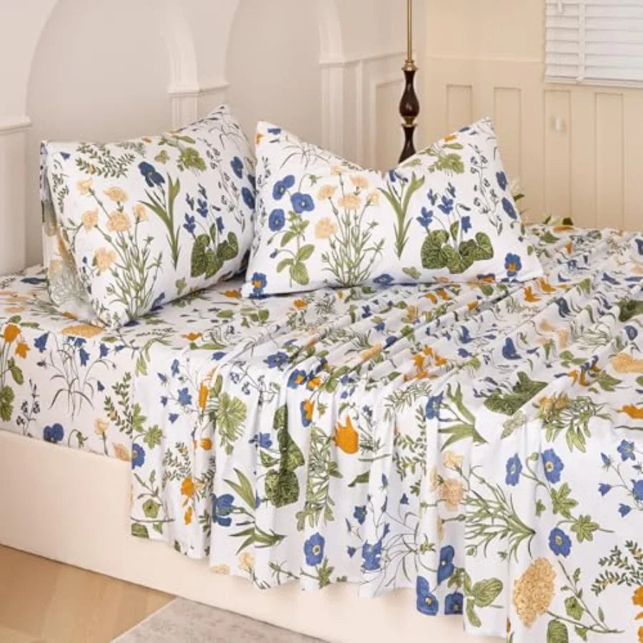 Yellow/blue Floral Bed Sheets Set Size 100% Percale Cotton