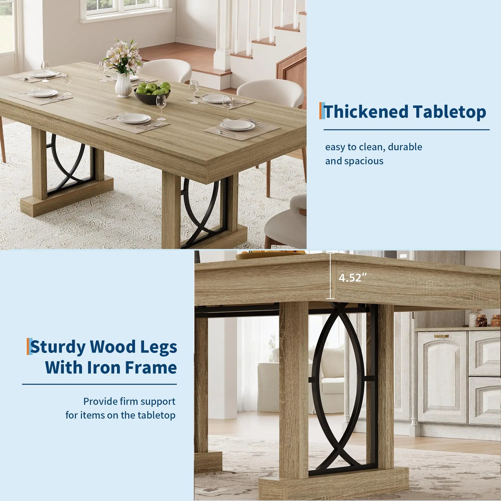 Large 71 Inch Table With 2 Storage Drawers For 6-8, Rustic Wood Kitchen Table, Heavy Duty Base,