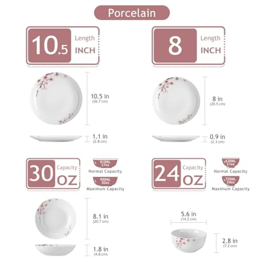 Dinnerware Sets for 6, 24 Porcelain Plates and Bowls Set with Pink Floral,