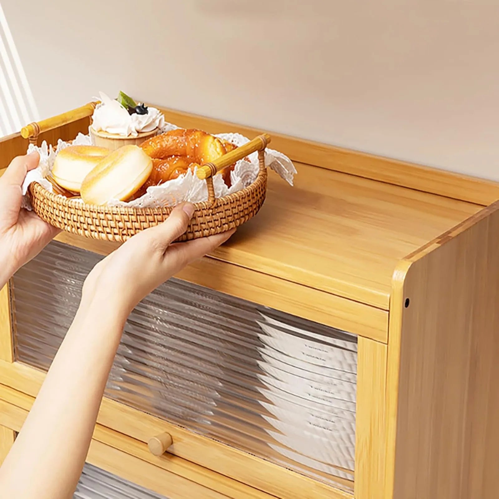 2-Tier Bamboo Kitchen Storage Cabinet -  Clear Acrylic Sliding Doors