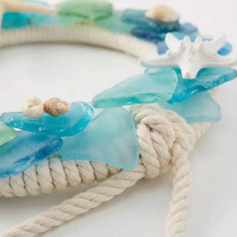 Handcrafted Coastal Blue Sea Glass Wreath for Door Starfish and Shells