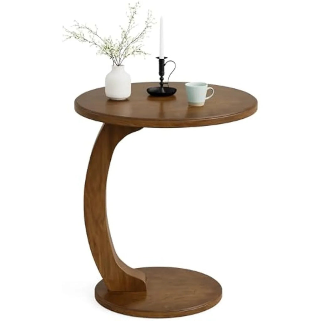 Round End/Side Table, Wooden C-Shaped End Table, Mid-Century Boho