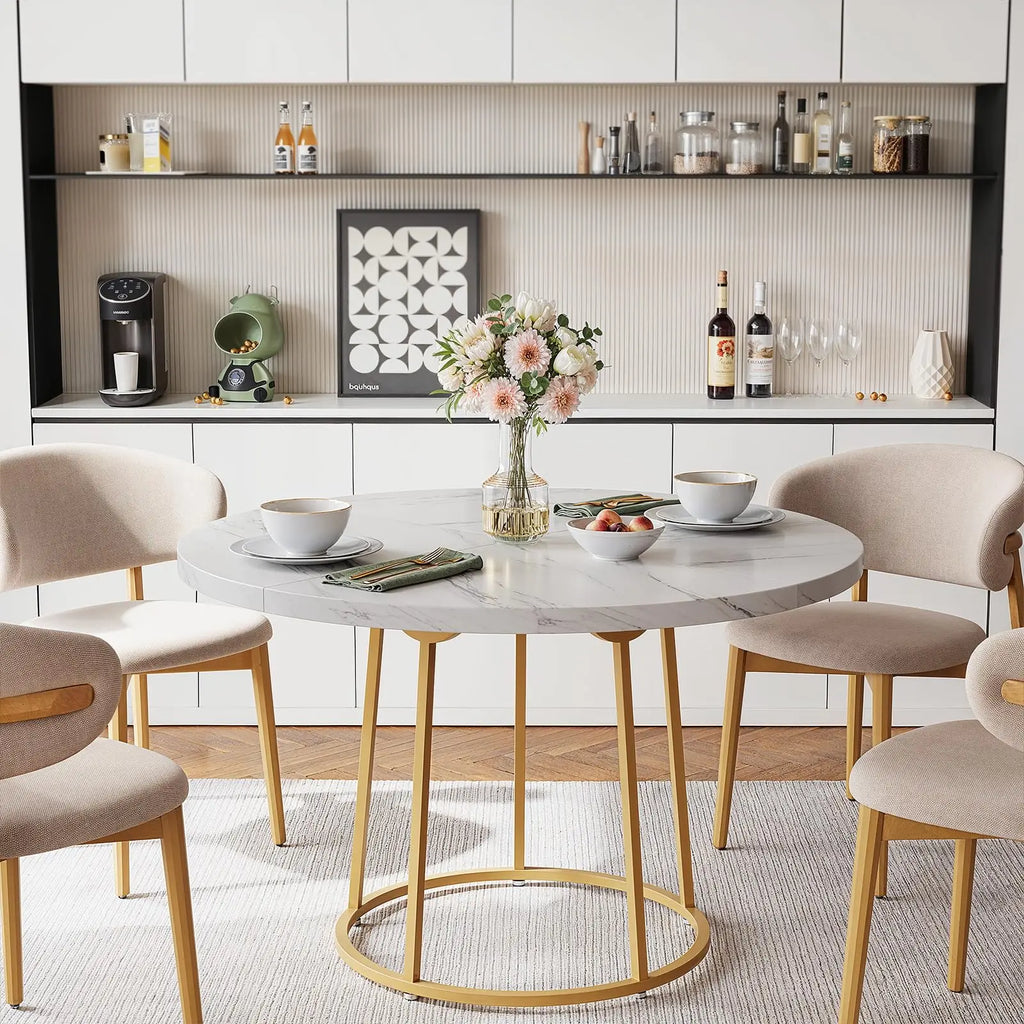 120cm Round Table - Wooden Faux Marble Top & Gold Base Design